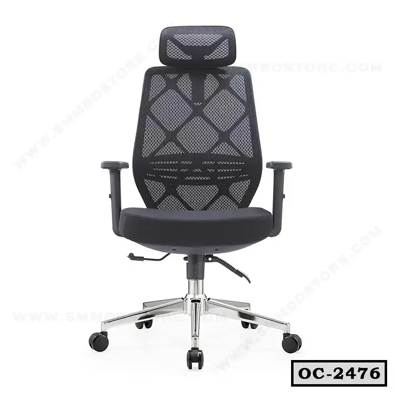 Ergonomic black mesh office chair with adjustable armrests and headrest on wheels