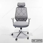 Ergonomic office chair with mesh back, adjustable armrests, and headrest on wheels