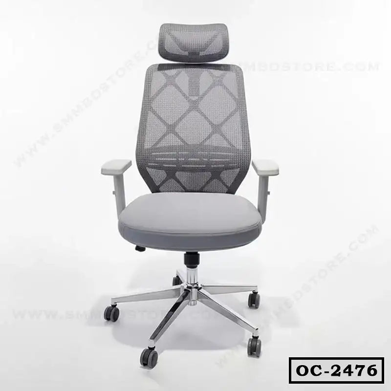 Ergonomic office chair with mesh back, adjustable armrests, and headrest on wheels