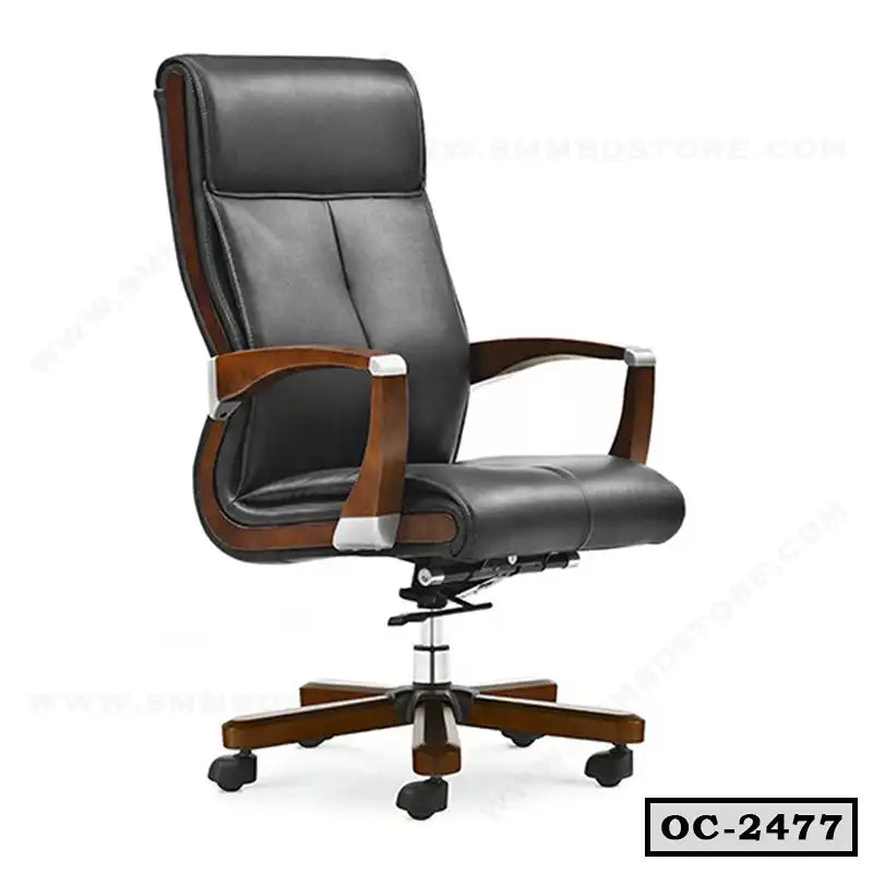 Ergonomic black leather executive office chair with wooden armrests and wheels, model OC-2477 Main image