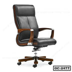 Ergonomic black leather executive office chair with wooden armrests and wheels, model OC-2477