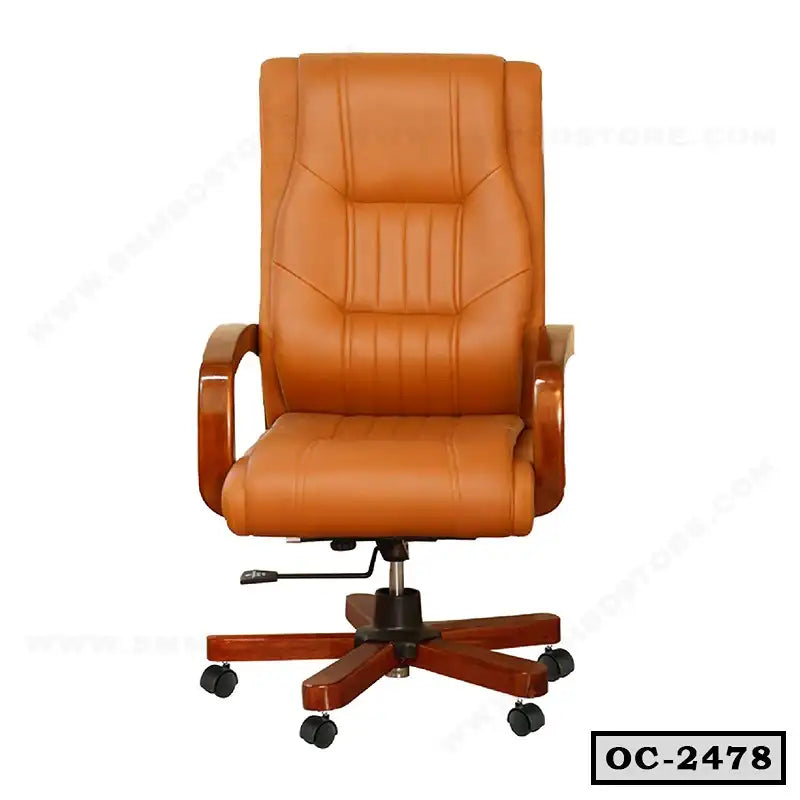 Brown leather executive office chair with wooden armrests and wheels, model OC-2478 Main image