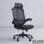 Black ergonomic office chair with mesh backrest, headrest, armrests and wheels