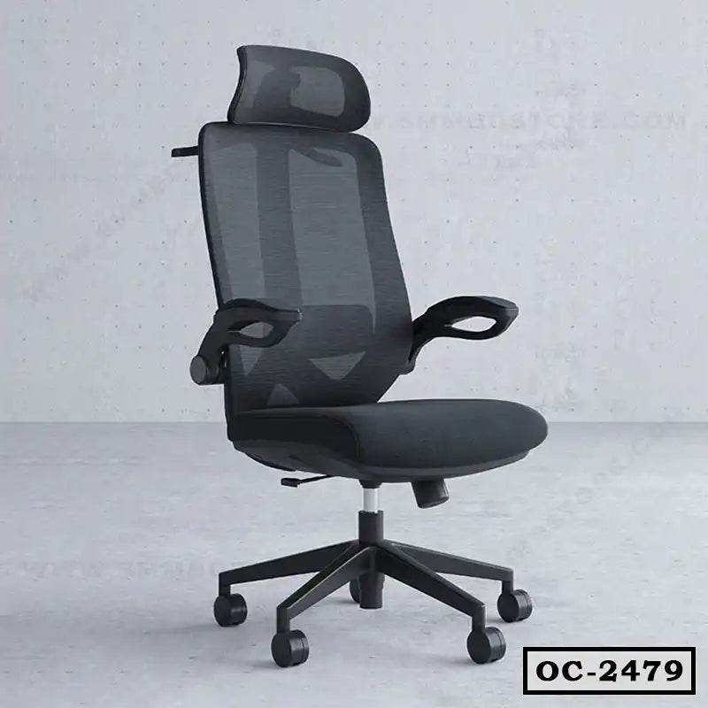Black ergonomic office chair with mesh backrest, headrest, armrests and wheels