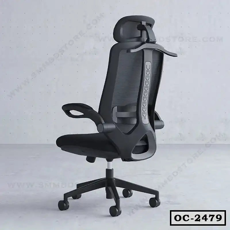 Ergonomic black mesh office chair with headrest, lumbar support, and wheels