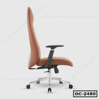 Brown ergonomic office chair with adjustable armrests and chrome base, side view