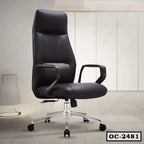 Black leather ergonomic office chair with armrests and high back in modern office setting
