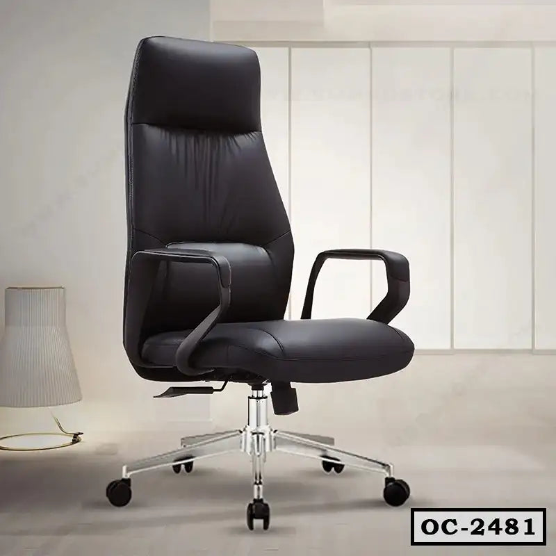 Black leather ergonomic office chair with armrests and high back in modern office setting