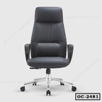 Black ergonomic high-back office chair with armrests and metal base on casters