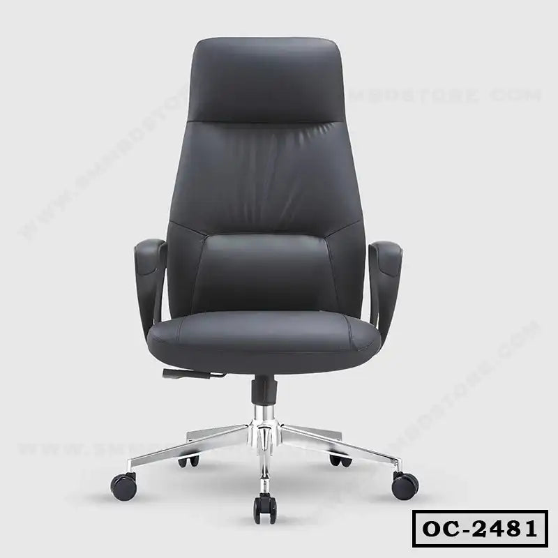 Black ergonomic high-back office chair with armrests and metal base on casters