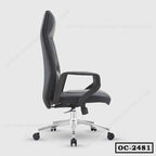 Ergonomic black high-back office chair with armrests and chrome base on wheels