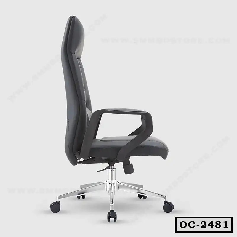 Ergonomic black high-back office chair with armrests and chrome base on wheels
