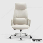 Modern white ergonomic office chair with high backrest and chrome base on wheels
