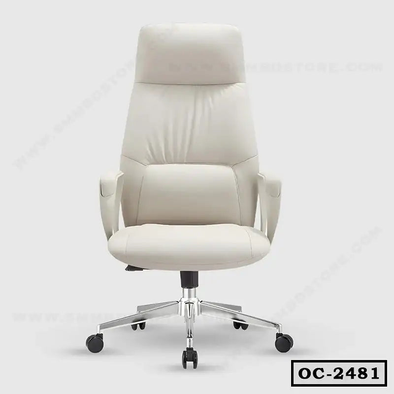 Modern white ergonomic office chair with high backrest and chrome base on wheels