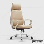 Beige ergonomic office chair with high back, cushioned seat, headrest, and armrests on casters