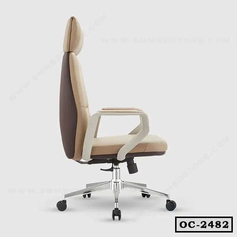 Ergonomic office chair with adjustable headrest, beige and brown, on rolling base