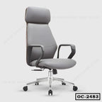 Modern ergonomic office chair with high back, grey upholstery, armrests, and wheels