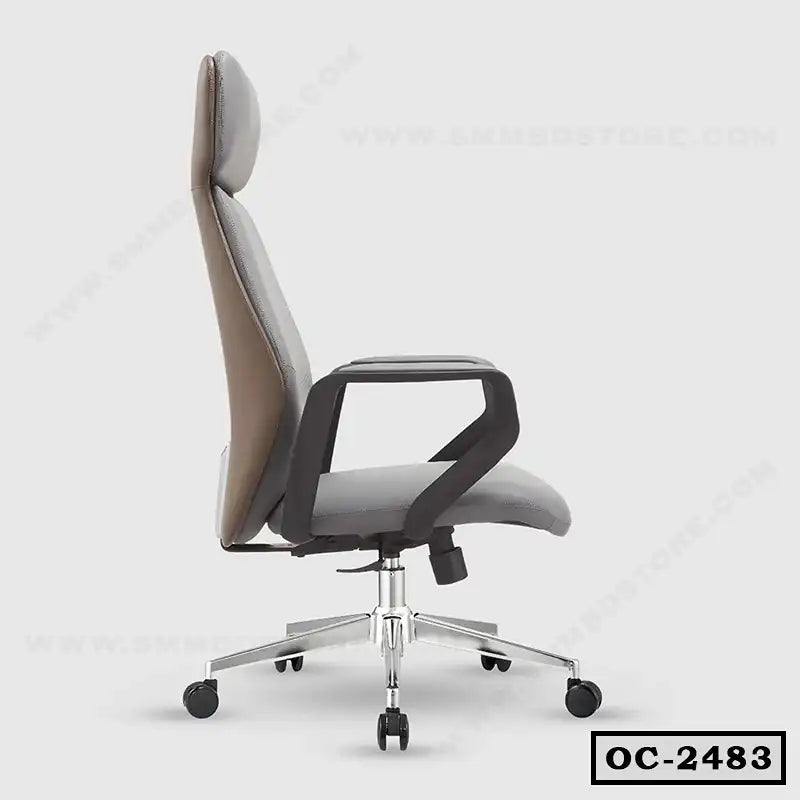 Ergonomic office chair with high backrest, armrests, and rolling base in grey and brown