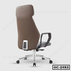 Ergonomic brown office chair with high back, armrests, and chrome base on wheels