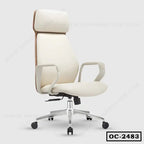 Modern white ergonomic office chair with headrest and caster wheels, model OC-2483