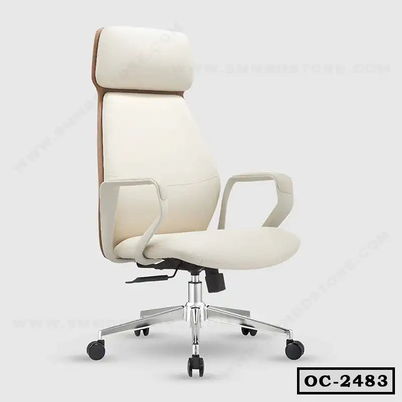 Modern white ergonomic office chair with headrest and caster wheels, model OC-2483