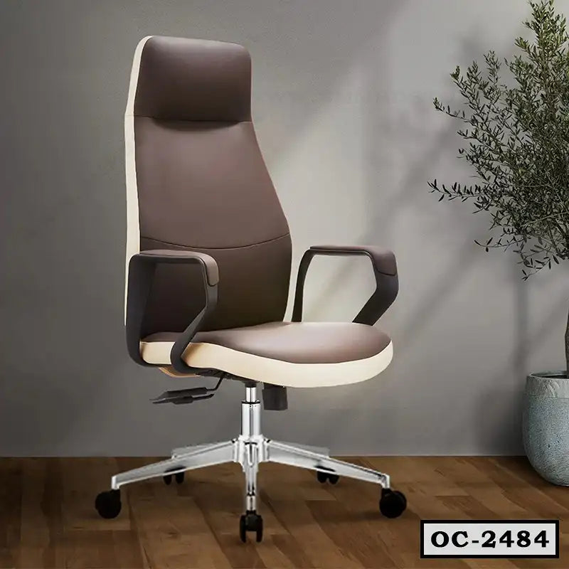 Modern brown ergonomic office chair with wheels and armrests on wooden floor Main image