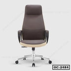 Ergonomic high-back brown office chair with armrests and chrome base on casters