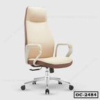 Modern ergonomic office chair with beige cushioning, high backrest, and adjustable armrests on wheels.