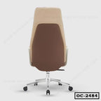 Modern brown and beige ergonomic office chair with wheels, rear view, on white background