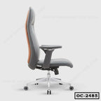 Ergonomic gray office chair with adjustable armrests and wheels, side view