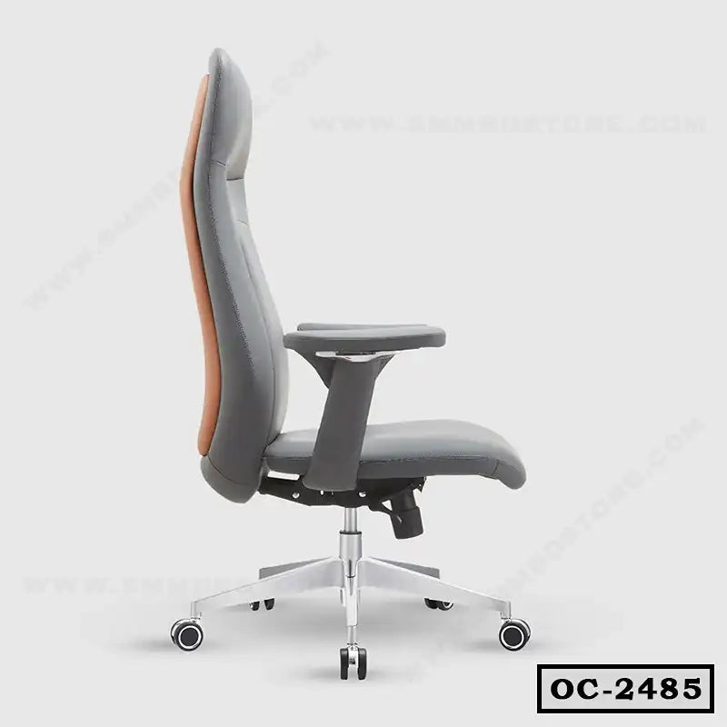 Ergonomic gray office chair with adjustable armrests and wheels, side view