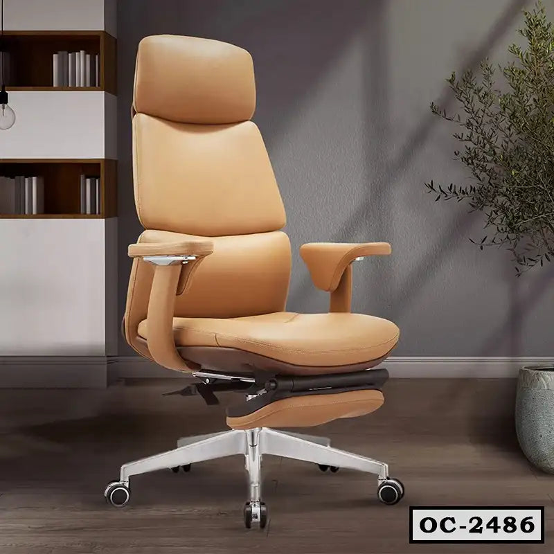 Ergonomic tan leather office chair with adjustable armrests and footrest on wheels Main image