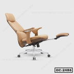 Ergonomic tan office chair with adjustable recline and footrest on wheels