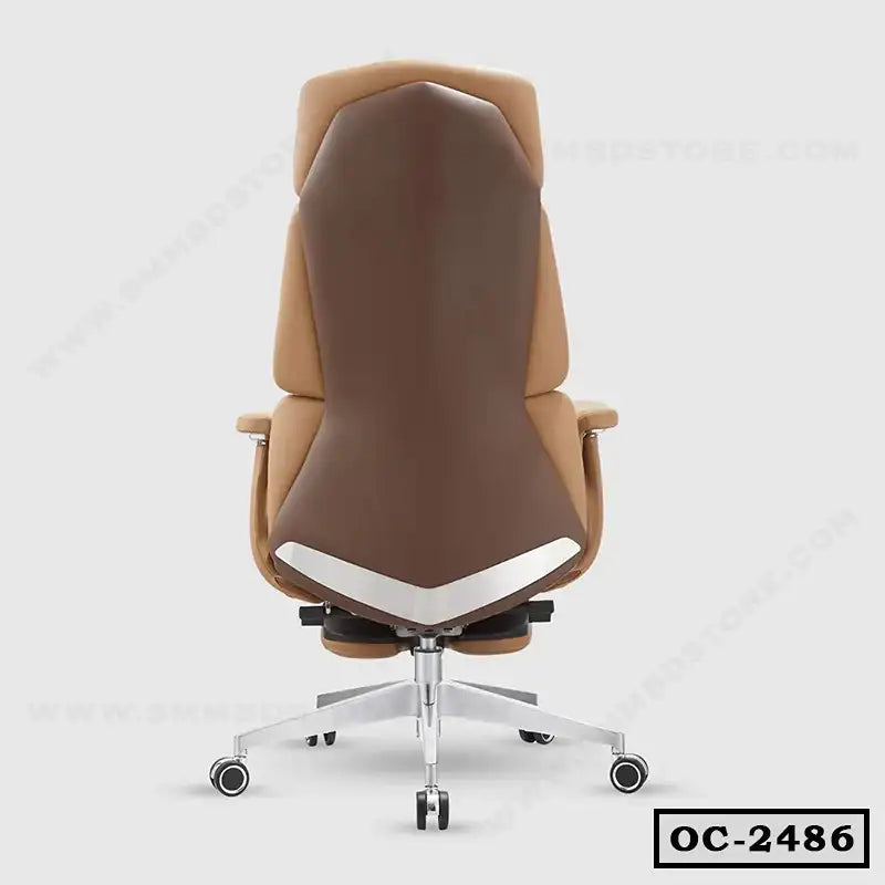 Ergonomic brown and tan executive office chair with high back and metal base, rear view