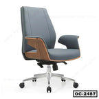 Modern ergonomic office chair with grey seat, wooden accents, and chrome swivel base