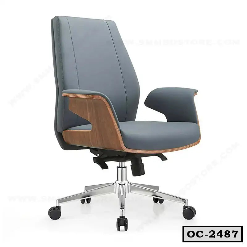 Modern ergonomic office chair with grey seat, wooden accents, and chrome swivel base