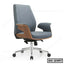 Modern ergonomic office chair with grey seat, wooden accents, and chrome swivel base