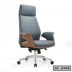 Modern ergonomic office chair with gray upholstery, wooden accents, and adjustable base