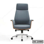 Modern executive office chair with high back, grey upholstery, chrome base, and rolling wheels