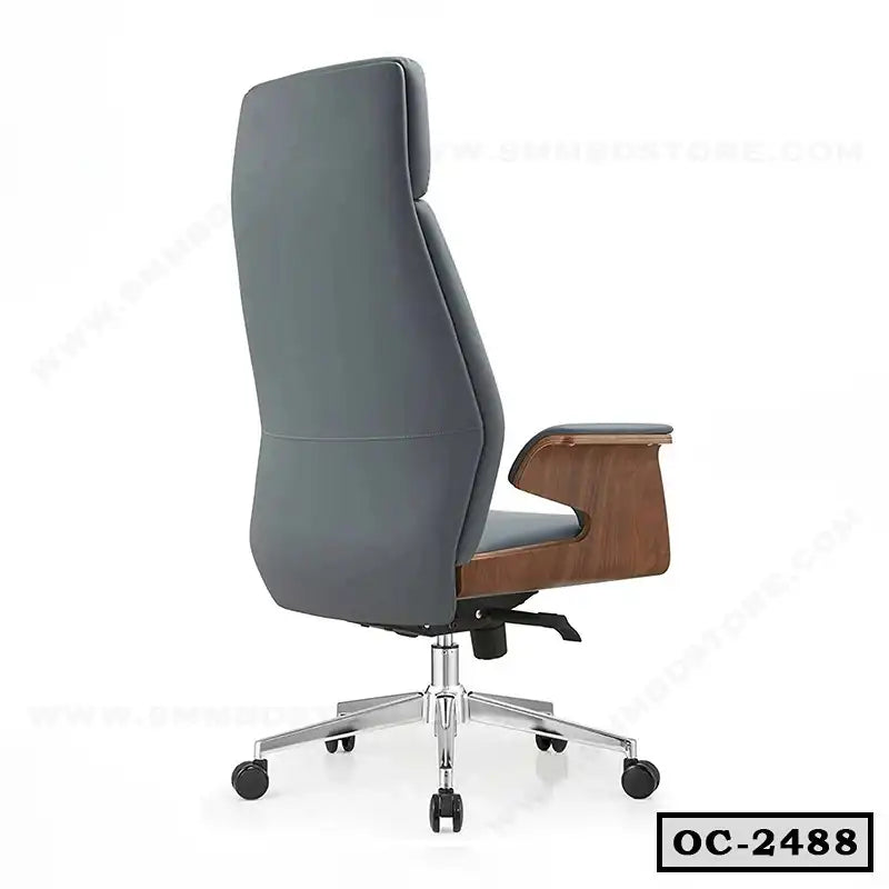 Modern gray executive office chair with high back, wooden armrests, and chrome base on wheels