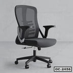 Ergonomic black mesh office chair with adjustable armrests and rolling wheels