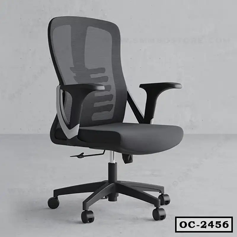 Ergonomic black mesh office chair with adjustable armrests and rolling wheels