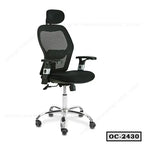 Ergonomic black mesh office chair with adjustable headrest and armrests on wheels