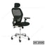 Ergonomic black mesh office chair with adjustable headrest and armrests on wheels
