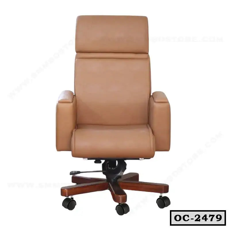 Brown leather executive office chair with armrests and wooden base on casters