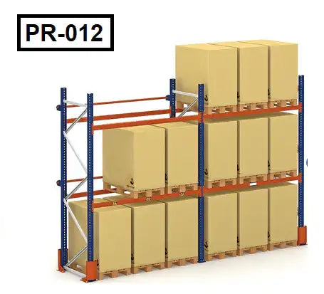 Heavy-duty pallet rack shelving with stacked cardboard boxes in warehouse setting, model PR-012.