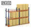Heavy-duty pallet rack shelving with stacked cardboard boxes in warehouse setting, model PR-012.