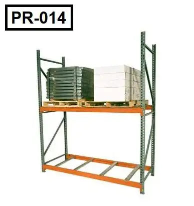 Warehouse pallet rack with metal shelving and stacked pallets, label PR-014 visible.