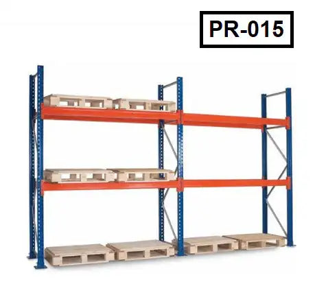Heavy-duty warehouse pallet rack with orange beams and wooden pallets, model PR-015