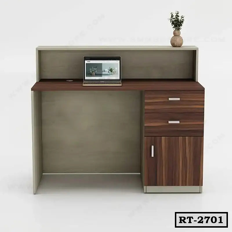 Modern wood reception table with laptop, drawers, cabinet, and small potted plant on top